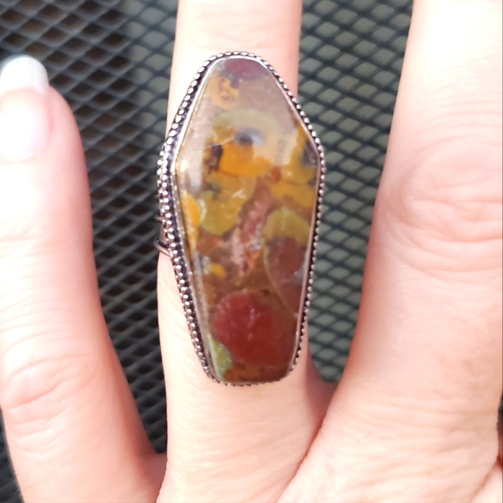 New Bamboo Jasper 925 Coffin Silver Ring.